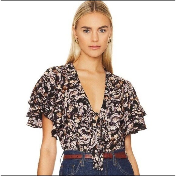 Intimately Free People Call Me Later Bodysuit Paisley Black XL Ruffle Chic Boho - Picture 10 of 15